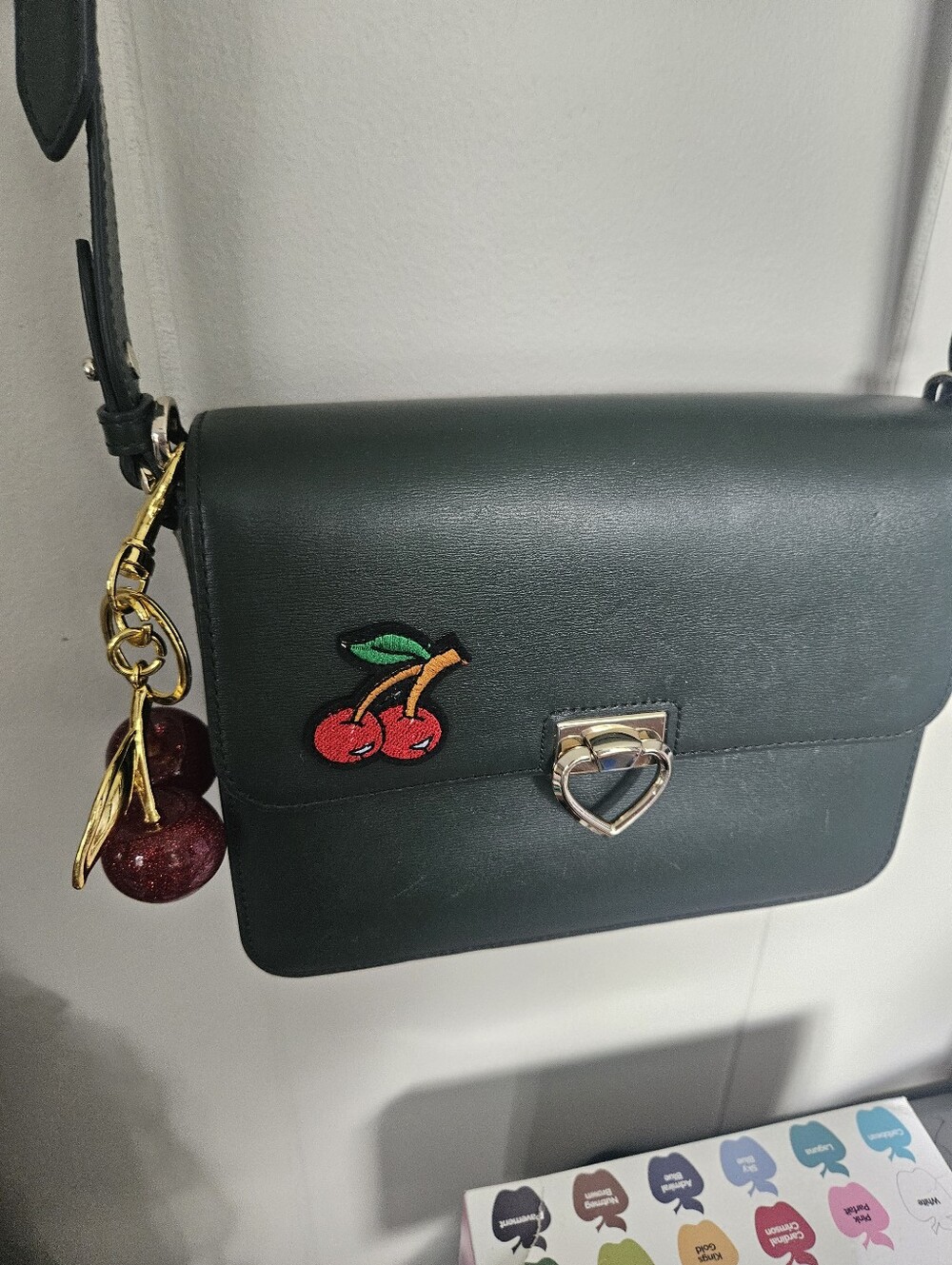 Women's Dark Green Leather Crossbody Bag with Adjustable Strap Cherry Keychain